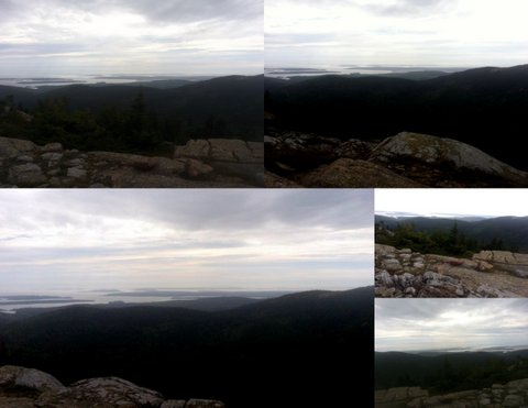 A collage of five photos showing scenic mountainous landscapes . Each photo features rocky outcrops in the foreground and vast expanses of forested hills stretching into the distance. Some photos include bodies of water visible beyond the hills, adding depth to the views.
